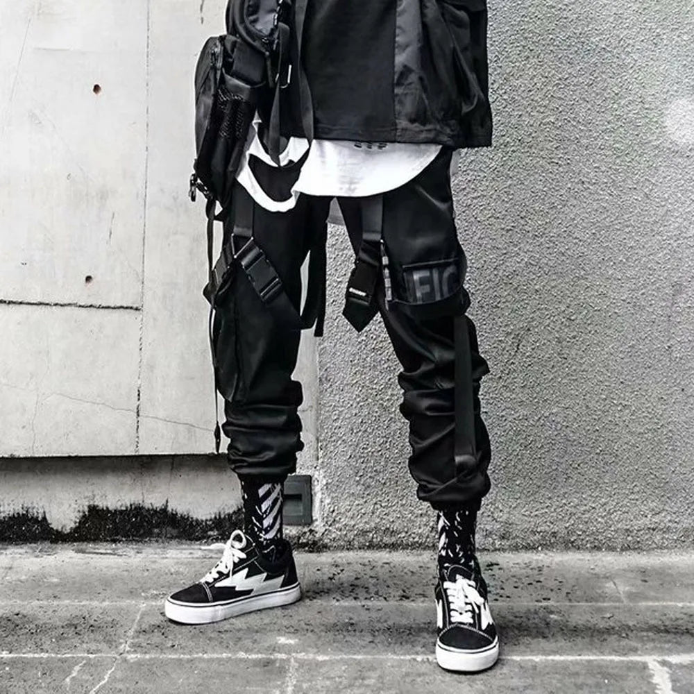 Joggers Cargo Pants for Men Casual Hip Hop Hit Color Pocket Male Trousers Sweatpants Streetwear Ribbons Techwear Pants - Ghost District