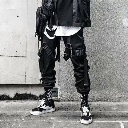 Joggers Cargo Pants for Men Casual Hip Hop Hit Color Pocket Male Trousers Sweatpants Streetwear Ribbons Techwear Pants - Ghost District