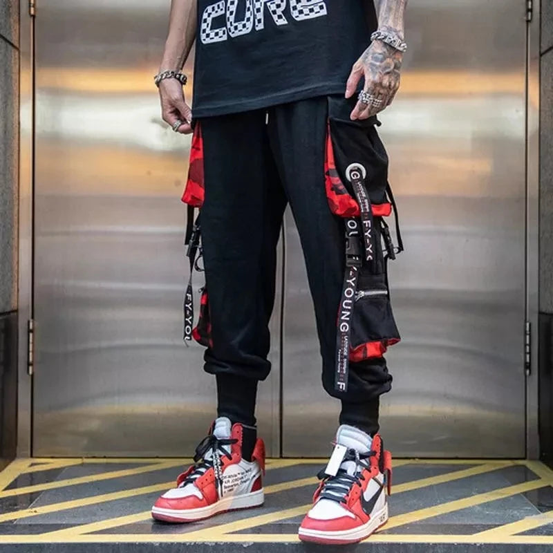 Joggers Cargo Pants for Men Casual Hip Hop Hit Color Pocket Male Trousers Sweatpants Streetwear Ribbons Techwear Pants - Ghost District