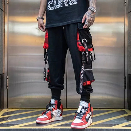 Joggers Cargo Pants for Men Casual Hip Hop Hit Color Pocket Male Trousers Sweatpants Streetwear Ribbons Techwear Pants - Ghost District