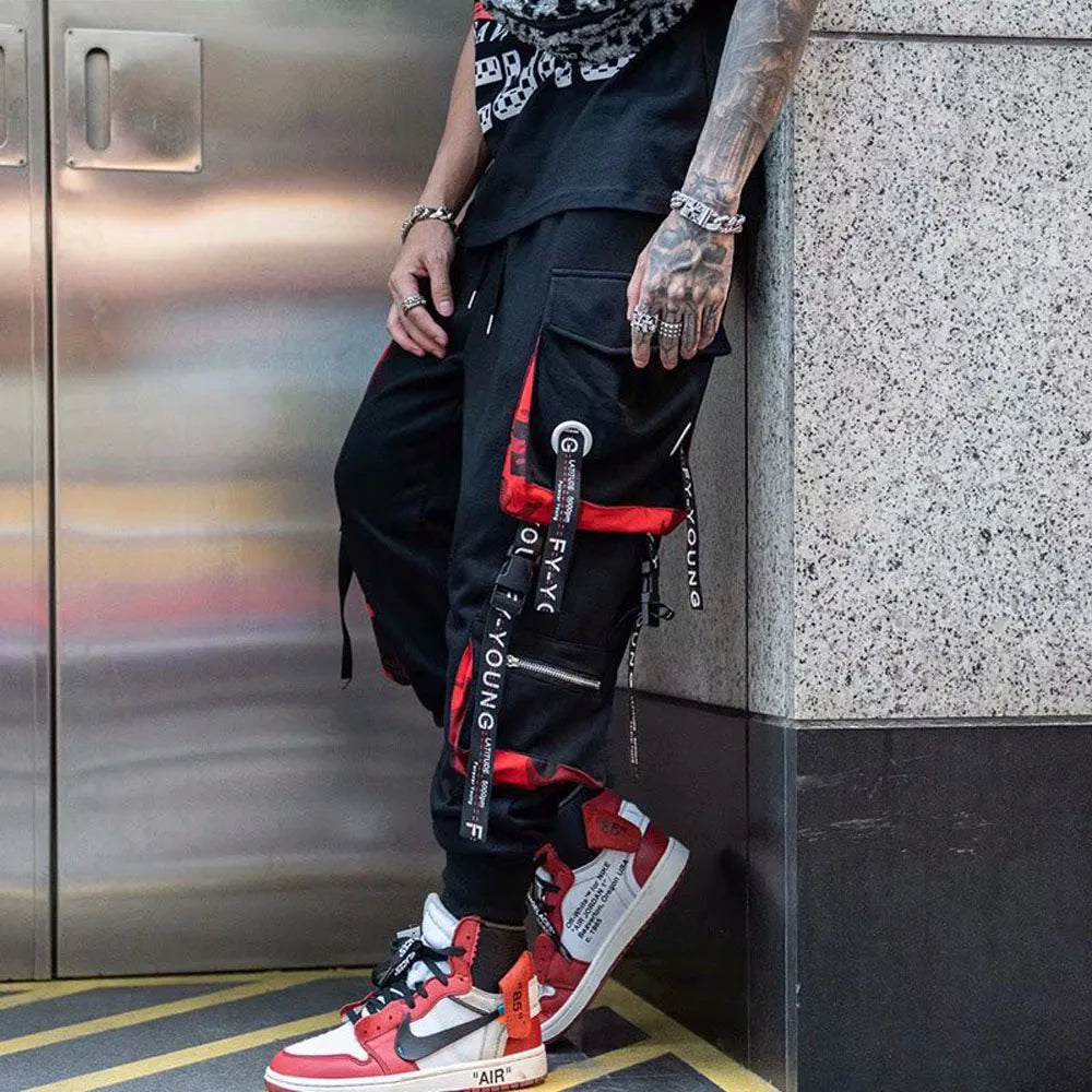 Joggers Cargo Pants for Men Casual Hip Hop Hit Color Pocket Male Trousers Sweatpants Streetwear Ribbons Techwear Pants - Ghost District
