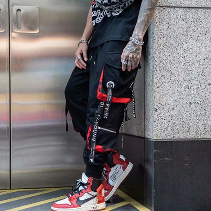 Joggers Cargo Pants for Men Casual Hip Hop Hit Color Pocket Male Trousers Sweatpants Streetwear Ribbons Techwear Pants - Ghost District
