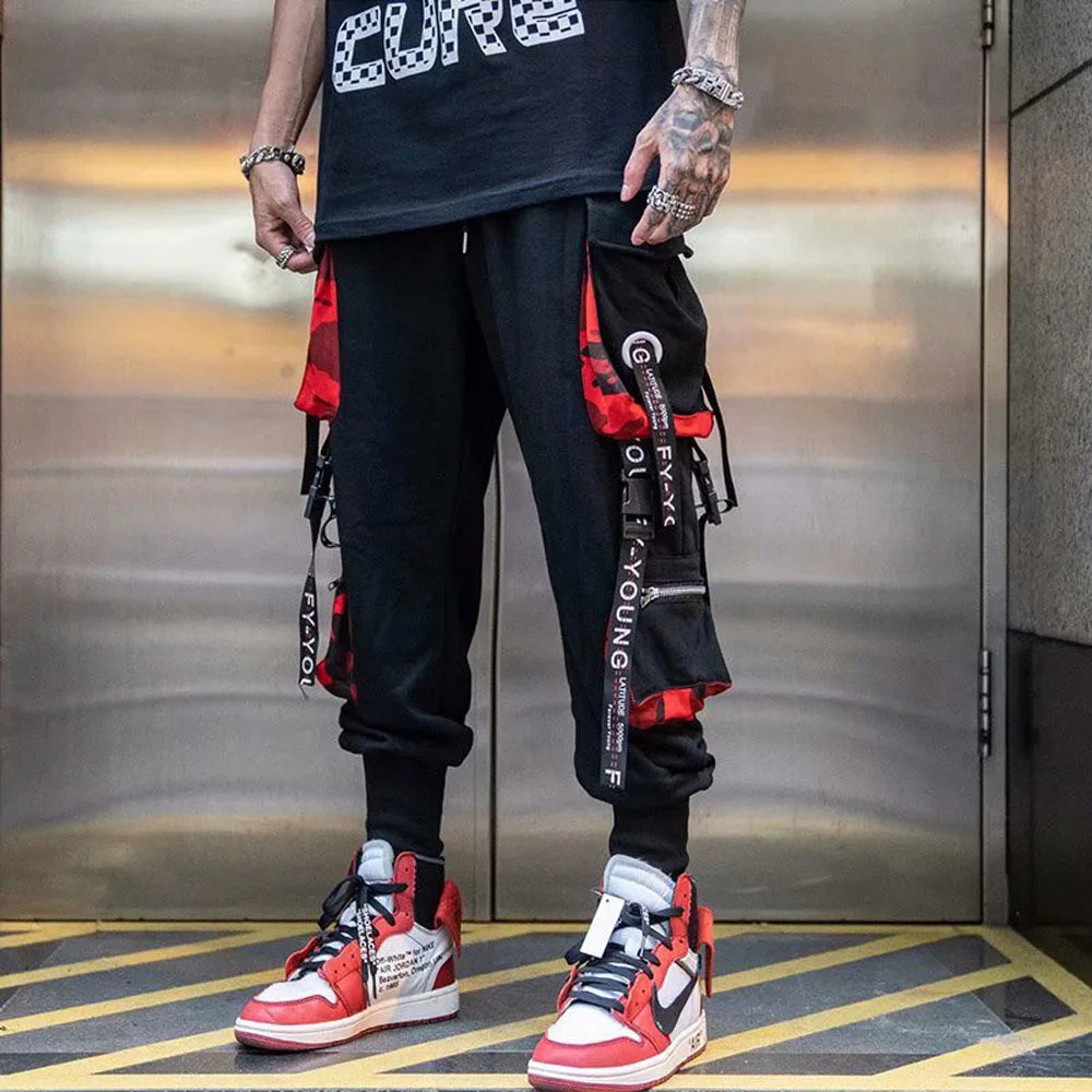 Joggers Cargo Pants for Men Casual Hip Hop Hit Color Pocket Male Trousers Sweatpants Streetwear Ribbons Techwear Pants - Ghost District