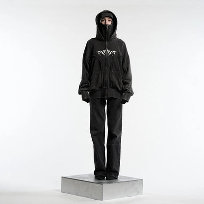 Y2K Ninja Hoodie Gothic Trendy Double Hat Design Functional Streetwear Vintage High Street Men Women Oversized Casual Pullover Ghost District