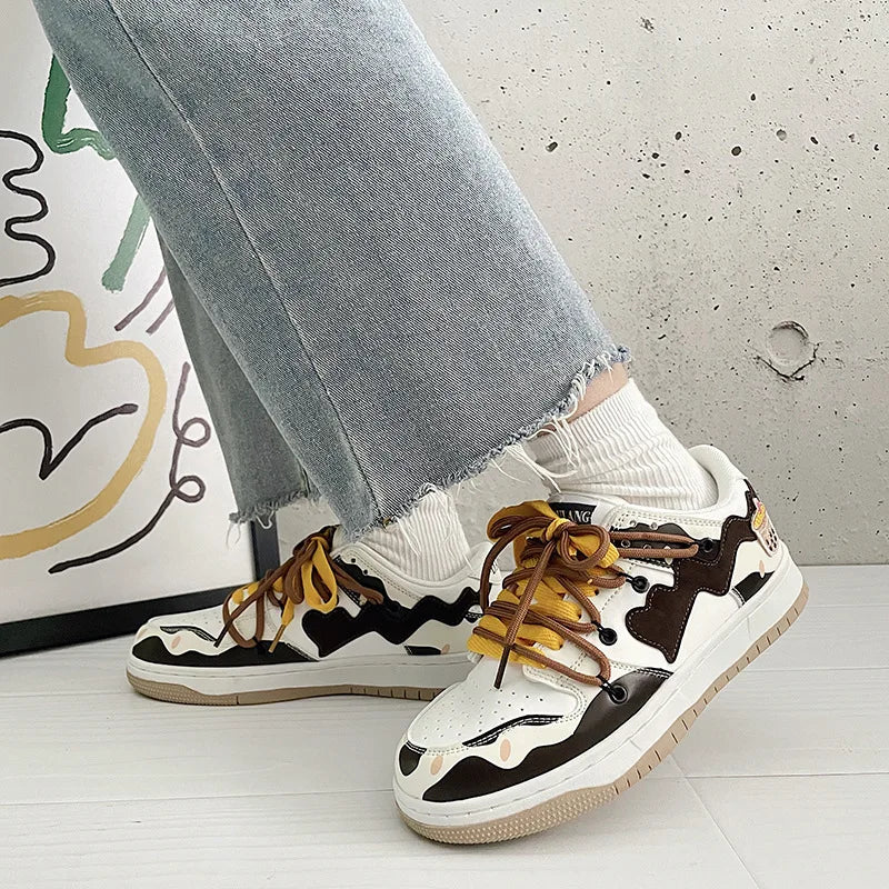 Women Shoes Men Retro Street Heart Pattern Skateboard Shoes Y2K Fashion Sneakers Couple Students Outdoor Sports Casual Shoes - Ghost District