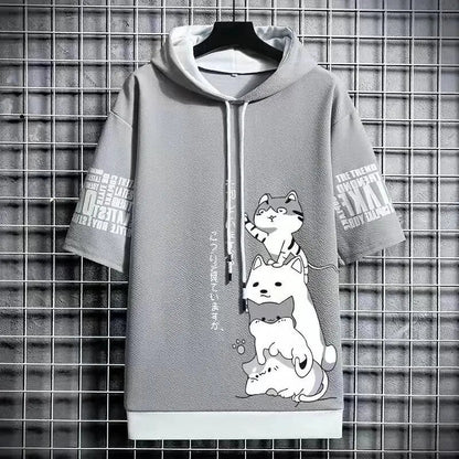 Japan Fashion Men's Hoodies Summer Men Clothing Cartoon Casual Harajuku Streetwear Print Hooded Top Short Sleeve Sweatshirts Men Ghost District