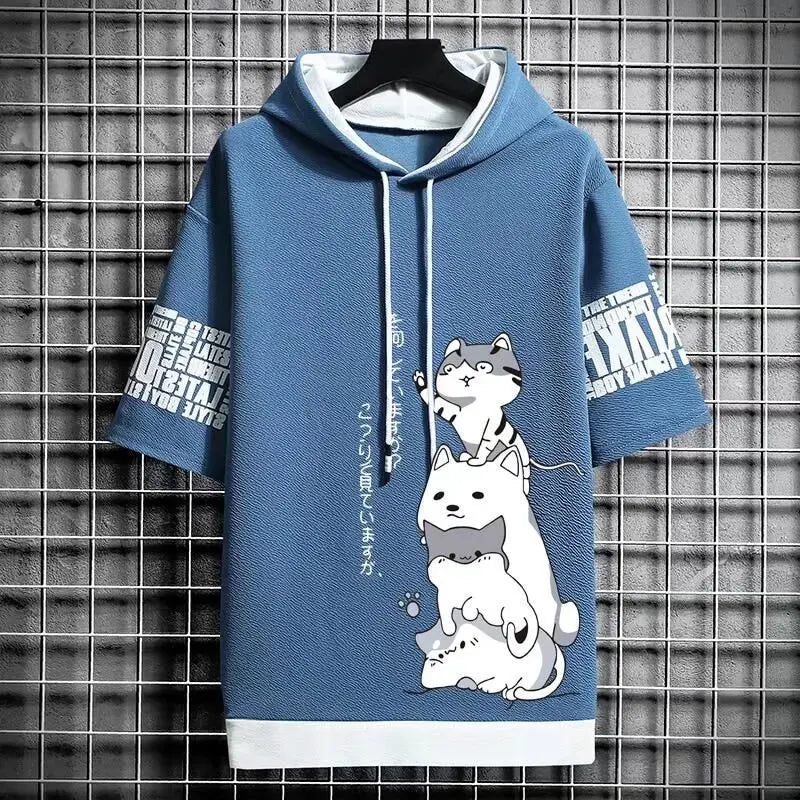 Japan Fashion Men's Hoodies Summer Men Clothing Cartoon Casual Harajuku Streetwear Print Hooded Top Short Sleeve Sweatshirts Men Ghost District