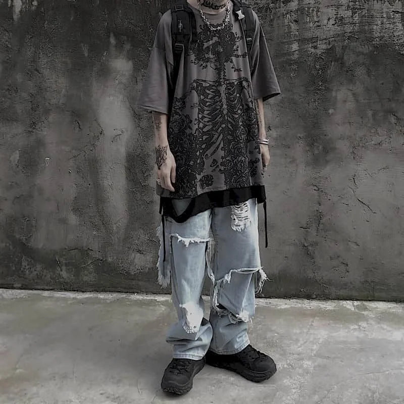 Men T-shirts 2023 Summer Streetwear High Street Gothic Skull Tshirt Loose Oversized Short-sleeved T shirt Dark Anime Men Y2k Top Ghost District