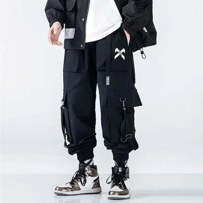 Techwear Ribbons Tactical Cargo Baggy Pants Jogger Men Casual Letter Hip Hop Teenager Sweatpants Joggers Cropped Pants For Men - Ghost District