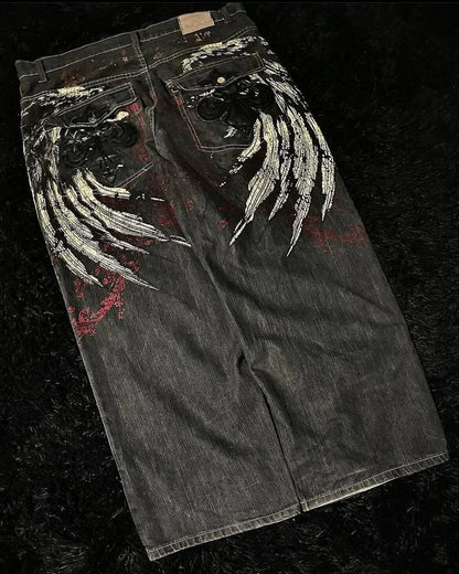 American Trend Retro Gothic Embroidery Graphics Washed Baggy Jeans Women's Y2K New Harajuku Hip-Hop Punk Rock Couple Street Wear Ghost District