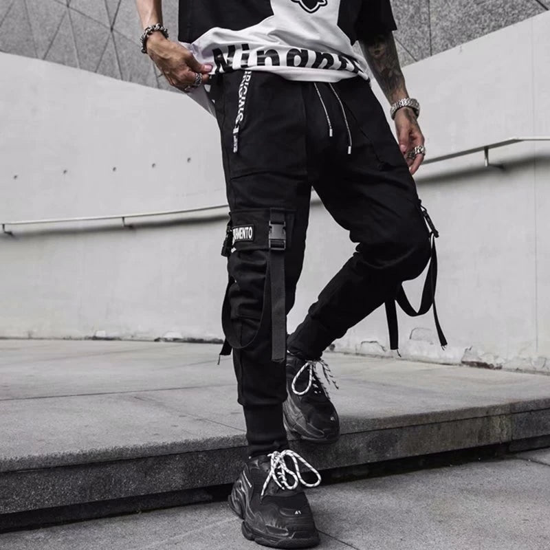 Joggers Cargo Pants for Men Casual Hip Hop Hit Color Pocket Male Trousers Sweatpants Streetwear Ribbons Techwear Pants - Ghost District