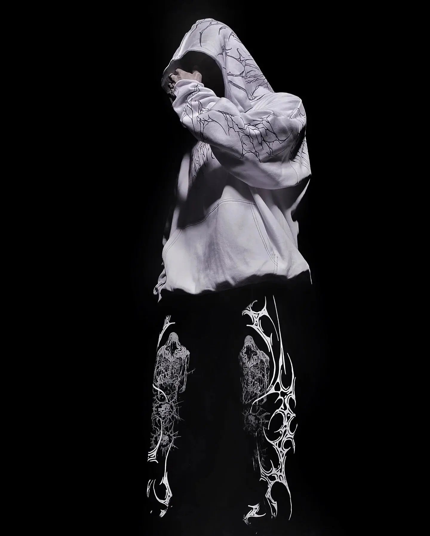 Y2K Harajuku Gothic Style White Oversized Hoodie with Intricate Skull Graphic Print Elaborate Holy Writ Script Design Streetwear - Ghost District