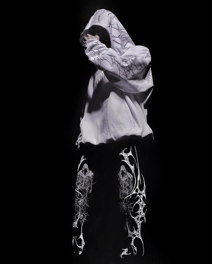 Y2K Harajuku Gothic Style White Oversized Hoodie with Intricate Skull Graphic Print Elaborate Holy Writ Script Design Streetwear - Ghost District