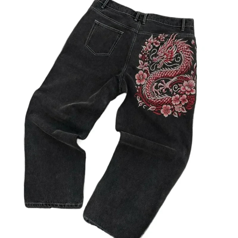 American Trend Retro Gothic Embroidery Graphics Washed Baggy Jeans Women's Y2K New Harajuku Hip-Hop Punk Rock Couple Street Wear Ghost District