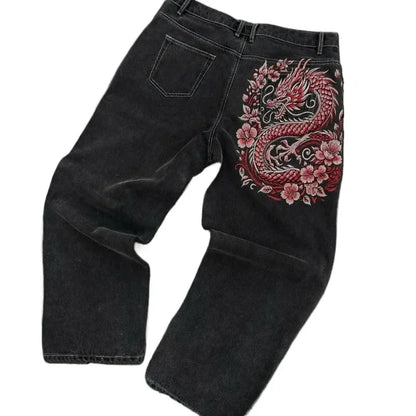 American Trend Retro Gothic Embroidery Graphics Washed Baggy Jeans Women's Y2K New Harajuku Hip-Hop Punk Rock Couple Street Wear Ghost District