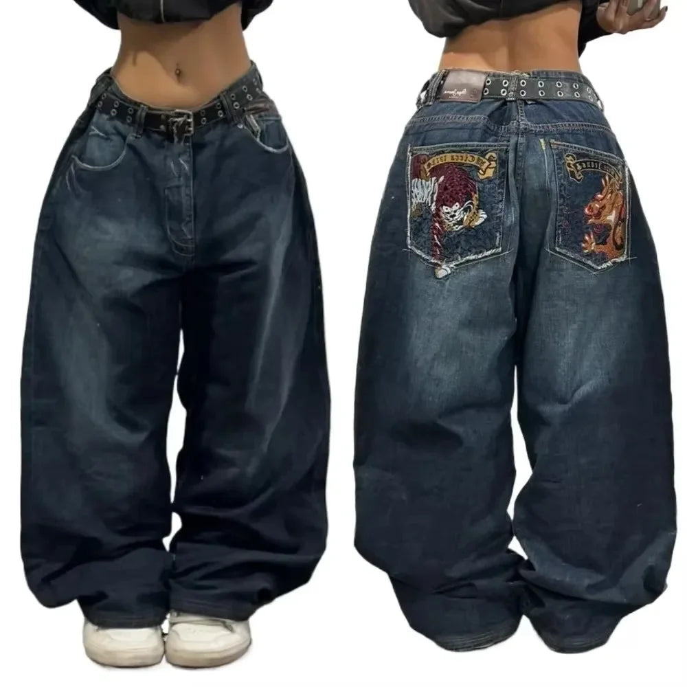 American Trend Retro Gothic Embroidery Graphics Washed Baggy Jeans Women's Y2K New Harajuku Hip-Hop Punk Rock Couple Street Wear Ghost District