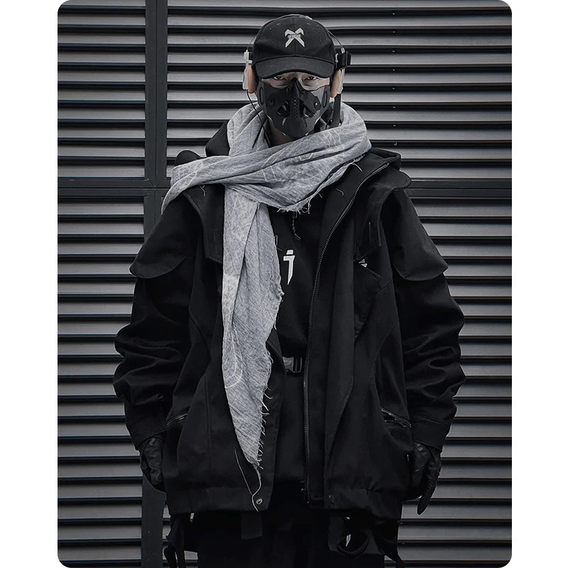 Unisex High Street Functional Cargo Jacket Techwear Fake two-piece Tactical Windbreaker Coats Streetwear Men's clothing Oversize - Ghost District