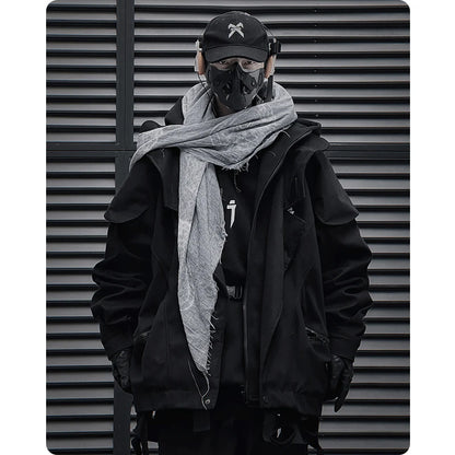 Unisex High Street Functional Cargo Jacket Techwear Fake two-piece Tactical Windbreaker Coats Streetwear Men's clothing Oversize - Ghost District