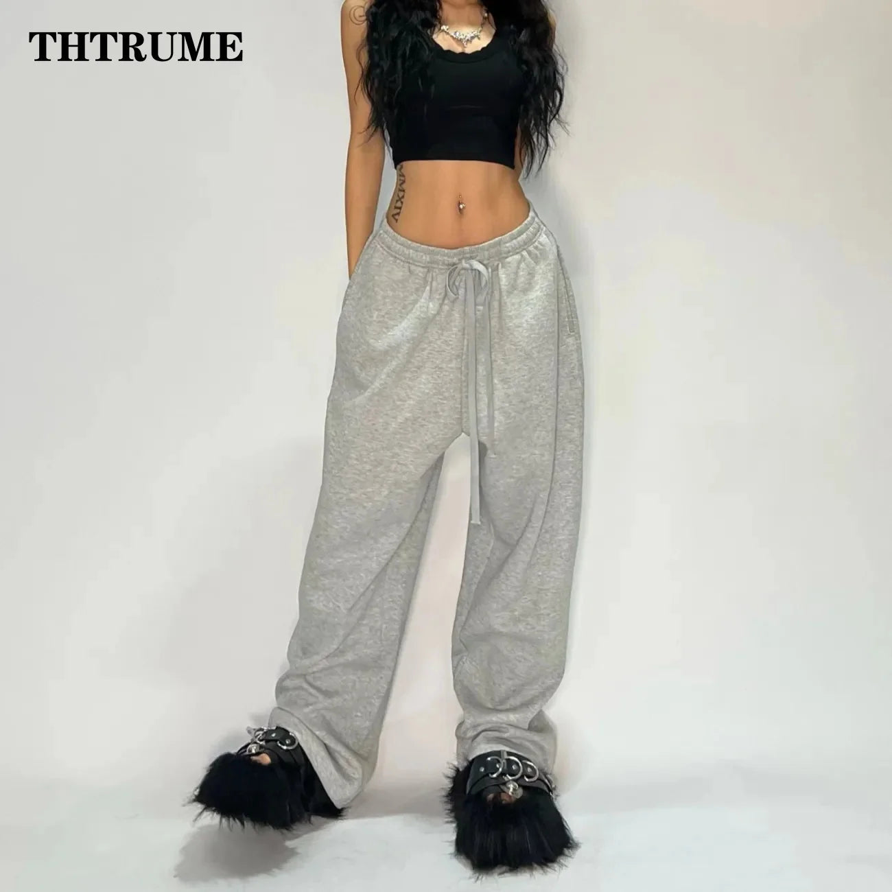 Casual Women Solid New Pant Fashion Summer Oversized Vintage Pocket Drawstring Wide Leg Pants Elegant Loose Baggy Chic Trousers Ghost District