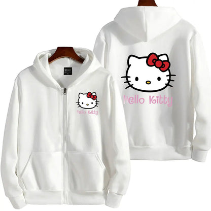 Women's Zipper Hoodie Autumn and Winter New Cute Kawaii Sanrio Hello Kitty Pattern Sweatshirt 2024 Streetwear Women's Clothing Ghost District