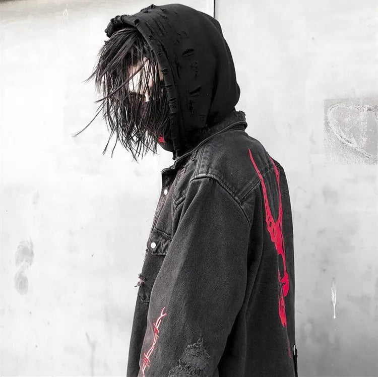 Mens Gym Trend Denim Jacket Techwear Jeans Jackets Causal Fitness Man Loose Clothing Outerwear Coat Cotton Sports Sweatshirt Ghost District