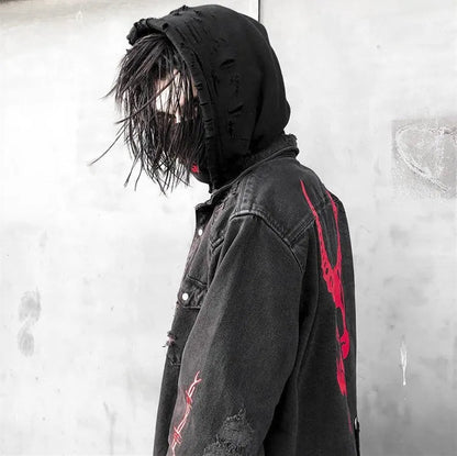 Mens Gym Trend Denim Jacket Techwear Jeans Jackets Causal Fitness Man Loose Clothing Outerwear Coat Cotton Sports Sweatshirt Ghost District