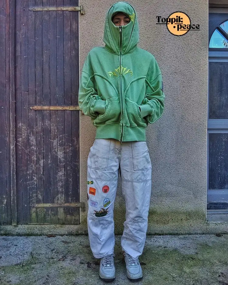 Y2K Ninja Hoodie Gothic Trendy Double Hat Design Functional Streetwear Vintage High Street Men Women Oversized Casual Pullover Ghost District