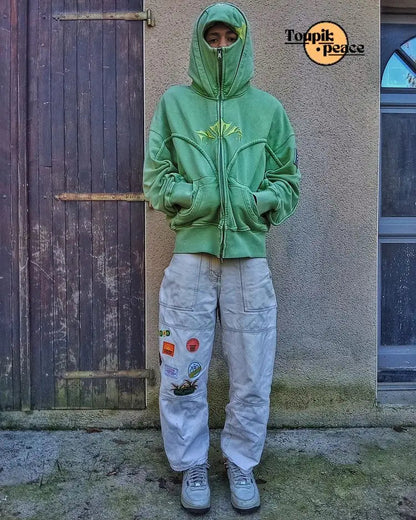 Y2K Ninja Hoodie Gothic Trendy Double Hat Design Functional Streetwear Vintage High Street Men Women Oversized Casual Pullover Ghost District