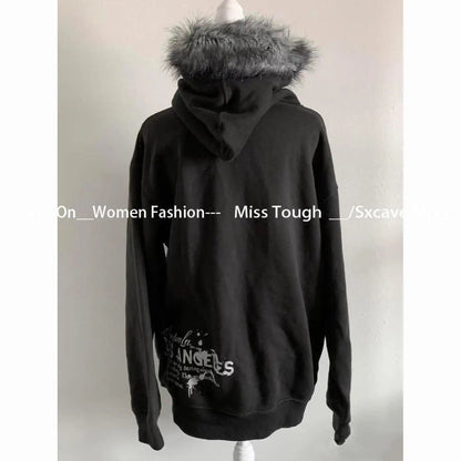 American Vintage Black Faux Fur Sweatshirts Women Letter Printed Subculture Coats with Hooded Female Gothic Harajuku Jackets Y2k Ghost District