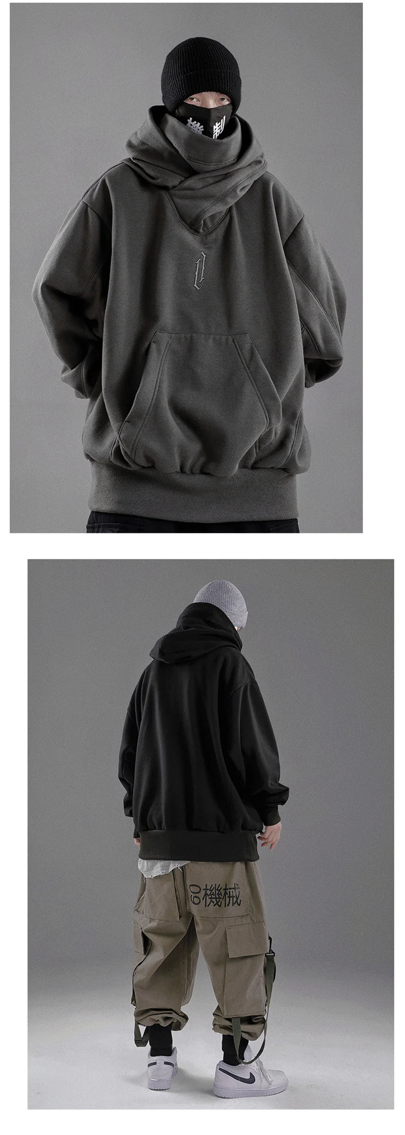 Embroidery Turtleneck Sweatshirt For Men Japanese Ninja Hoodies Autumn Hip Hop Fleece Pocket Streetwear Oversized Y2K Hoody Ghost District