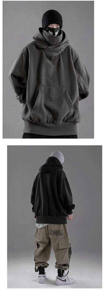 Embroidery Turtleneck Sweatshirt For Men Japanese Ninja Hoodies Autumn Hip Hop Fleece Pocket Streetwear Oversized Y2K Hoody Ghost District