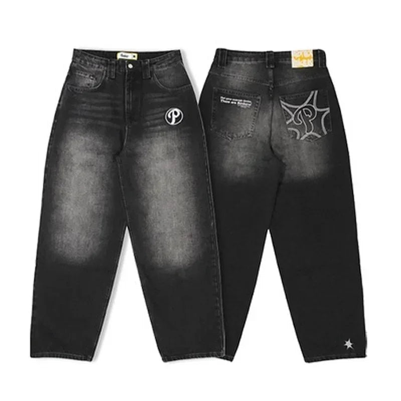 American Trend Retro Gothic Embroidery Graphics Washed Baggy Jeans Women's Y2K New Harajuku Hip-Hop Punk Rock Couple Street Wear Ghost District