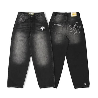 American Trend Retro Gothic Embroidery Graphics Washed Baggy Jeans Women's Y2K New Harajuku Hip-Hop Punk Rock Couple Street Wear Ghost District