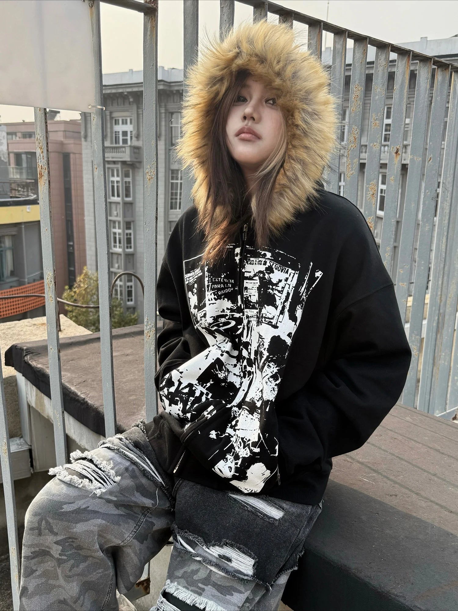 American Vintage Black Faux Fur Sweatshirts Women Letter Printed Subculture Coats with Hooded Female Gothic Harajuku Jackets Y2k Ghost District