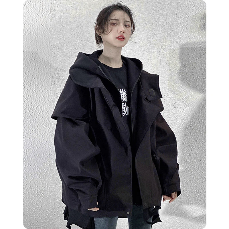 Unisex High Street Functional Cargo Jacket Techwear Fake two-piece Tactical Windbreaker Coats Streetwear Men's clothing Oversize - Ghost District