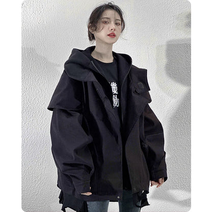 Unisex High Street Functional Cargo Jacket Techwear Fake two-piece Tactical Windbreaker Coats Streetwear Men's clothing Oversize - Ghost District