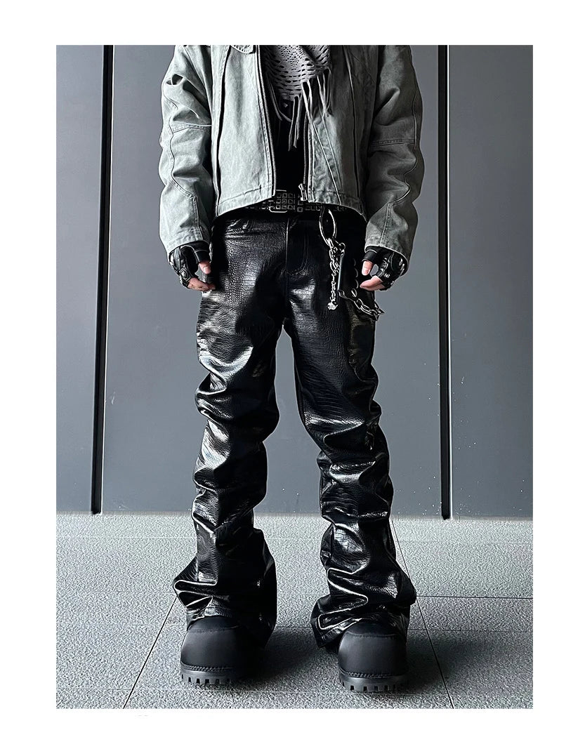 Mauroicardi Spring Autumn Cool Handsome Long Black Crocodile Print Pu Leather Pants for Men Luxury Designer Floor Length Clothes - Ghost District