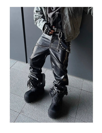 Mauroicardi Spring Autumn Cool Handsome Long Black Crocodile Print Pu Leather Pants for Men Luxury Designer Floor Length Clothes - Ghost District