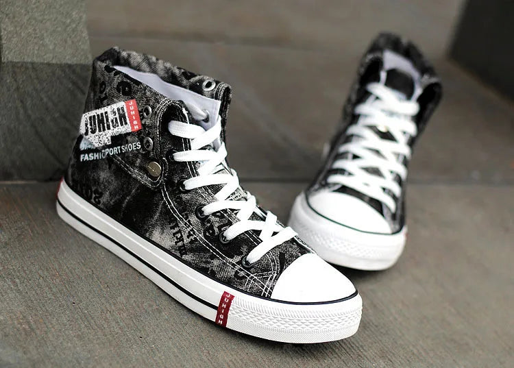 Print Denim Shoes for Men High Top Canvas Shoes Lace-up Flat Street Hip Hop Men Shoes Western Male Cowboy Boots Tenis Masculino - Ghost District