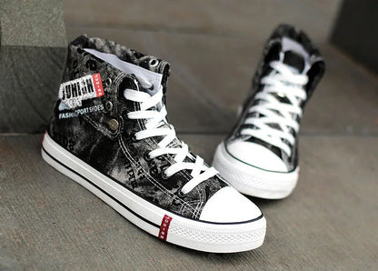 Print Denim Shoes for Men High Top Canvas Shoes Lace-up Flat Street Hip Hop Men Shoes Western Male Cowboy Boots Tenis Masculino - Ghost District