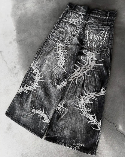 American Trend Retro Gothic Embroidery Graphics Washed Baggy Jeans Women's Y2K New Harajuku Hip-Hop Punk Rock Couple Street Wear Ghost District