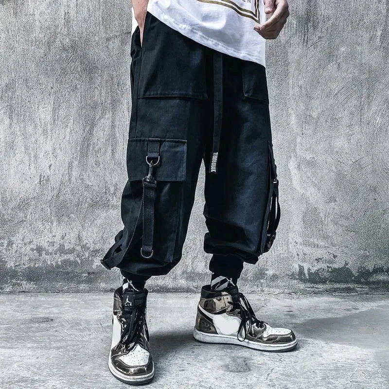 Techwear Ribbons Tactical Cargo Baggy Pants Jogger Men Casual Letter Hip Hop Teenager Sweatpants Joggers Cropped Pants For Men - Ghost District