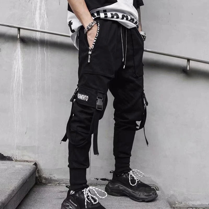 Joggers Cargo Pants for Men Casual Hip Hop Hit Color Pocket Male Trousers Sweatpants Streetwear Ribbons Techwear Pants - Ghost District
