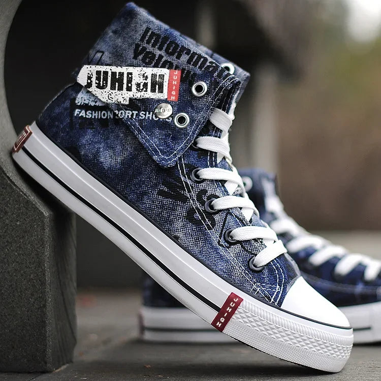 Print Denim Shoes for Men High Top Canvas Shoes Lace-up Flat Street Hip Hop Men Shoes Western Male Cowboy Boots Tenis Masculino - Ghost District