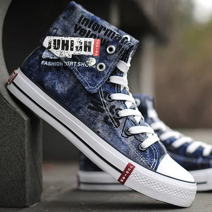 Print Denim Shoes for Men High Top Canvas Shoes Lace-up Flat Street Hip Hop Men Shoes Western Male Cowboy Boots Tenis Masculino - Ghost District