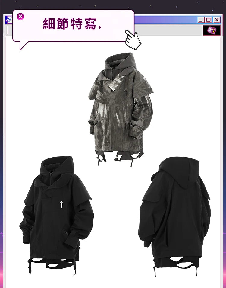Unisex High Street Functional Cargo Jacket Techwear Fake two-piece Tactical Windbreaker Coats Streetwear Men's clothing Oversize - Ghost District