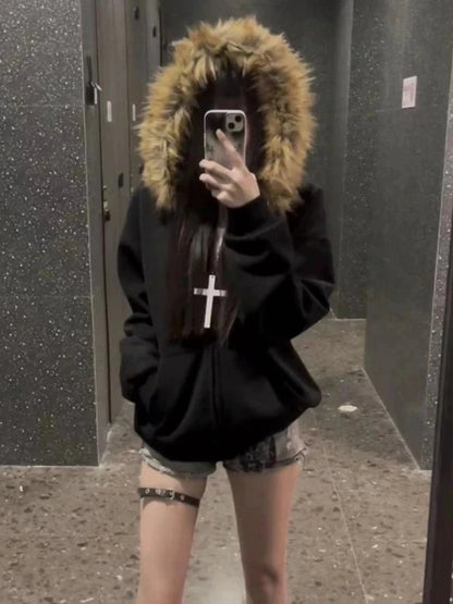 American Vintage Black Faux Fur Sweatshirts Women Letter Printed Subculture Coats with Hooded Female Gothic Harajuku Jackets Y2k Ghost District