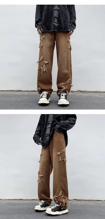 2025 New Fashion Stars Towel Embroidery Brown Men Jeans Pants Y2K Clothes Straight Hip Hop Cotton Trousers Pantalon Homme - Ghost District