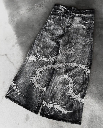 American Trend Retro Gothic Embroidery Graphics Washed Baggy Jeans Women's Y2K New Harajuku Hip-Hop Punk Rock Couple Street Wear Ghost District