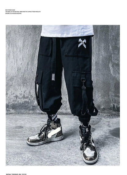 Techwear Ribbons Tactical Cargo Baggy Pants Jogger Men Casual Letter Hip Hop Teenager Sweatpants Joggers Cropped Pants For Men - Ghost District
